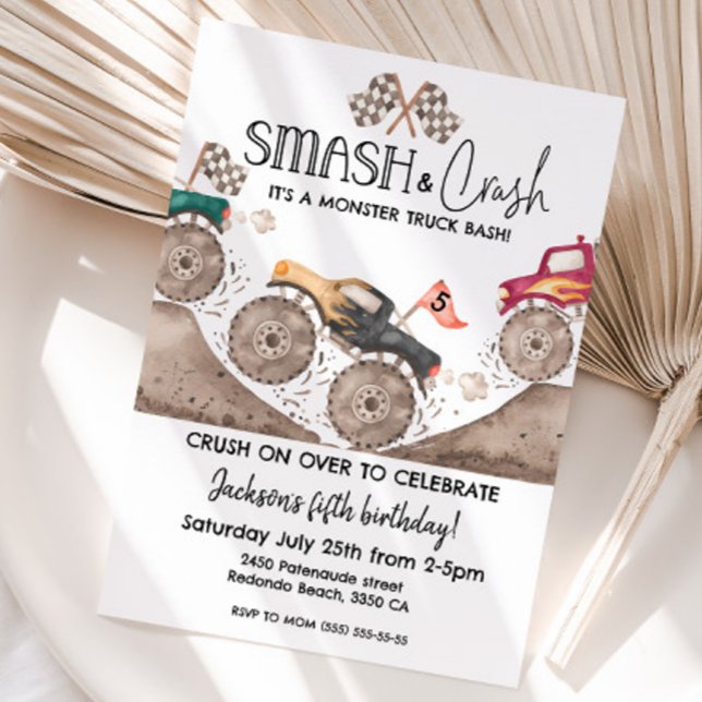 Invitación Cumpleaños de Monster Truck de cualquier edad, sma (Smash and Crash Monster truck any age birthday invitation)