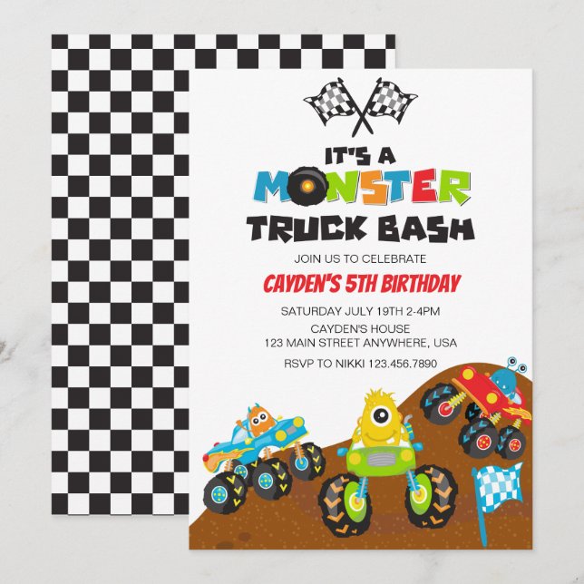 Invitación Cumpleaños de monstruos de camiones monstruo (Anverso / Reverso)