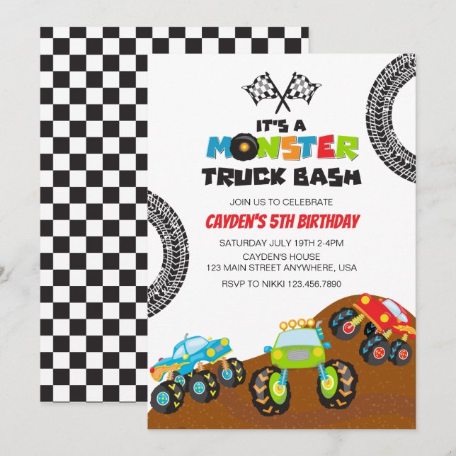 Invitación Cumpleaños de monstruos de camiones monstruo (Anverso / Reverso)