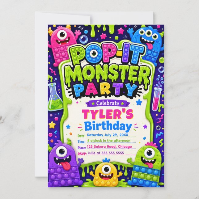 Invitación Cumpleaños de Monstruos Divertidos Pop It (Anverso)