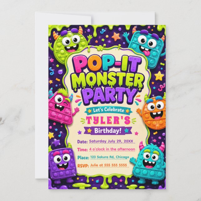 Invitación Cumpleaños de Monstruos Lindos Pop It (Anverso)
