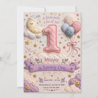 Invitación Cumpleaños de Moon Stars Cloud Girl 1er
