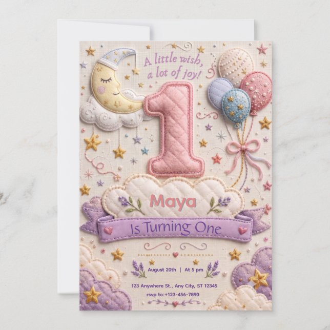 Invitación Cumpleaños de Moon Stars Cloud Girl 1er  (Anverso)