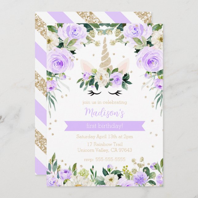 Invitación Cumpleaños de Morple Unicornio (Anverso / Reverso)