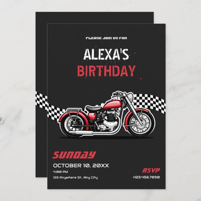 Invitación cumpleaños de moto clásico (Anverso / Reverso)
