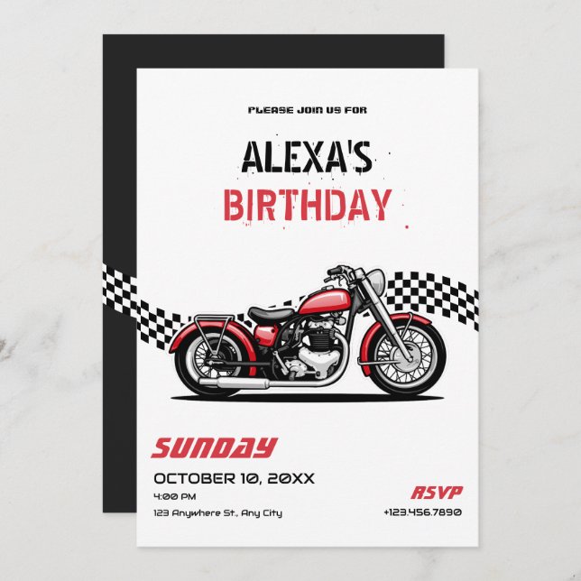Invitación cumpleaños de moto clásico (Anverso / Reverso)