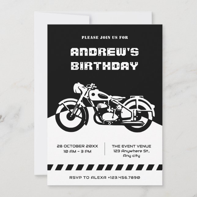 Invitación cumpleaños de motocicleta Black and White Classic (Anverso)