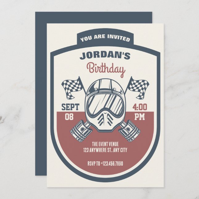Invitación Cumpleaños de motociclismo retro (Anverso / Reverso)