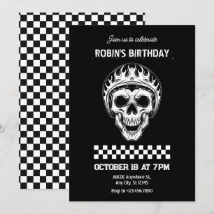 Invitación Cumpleaños de motociclista con cabeza de cráneo