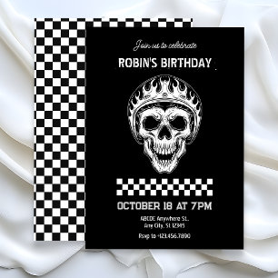 Invitación Cumpleaños de motociclista con cabeza de cráneo