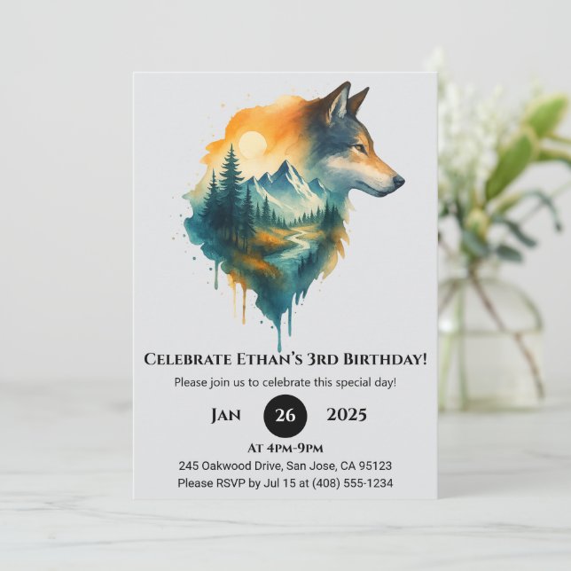 Invitación Cumpleaños de Mountain Wolf (Anverso de pie)