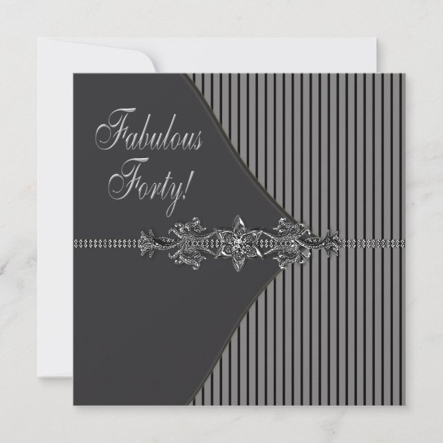 Invitación Cumpleaños de mujer con raya negra plateada 40 (Anverso)