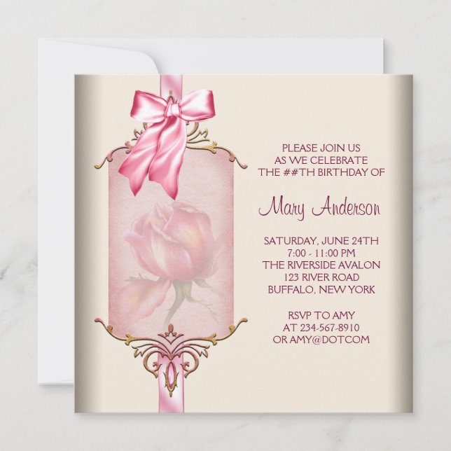 Invitación Cumpleaños de mujer con rosa rosa marfil (Anverso)