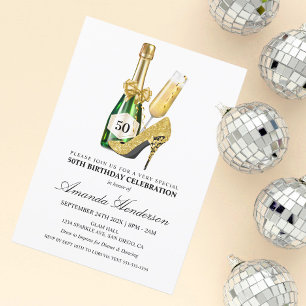 Invitación Cumpleaños de mujer con tacones de oro y champán