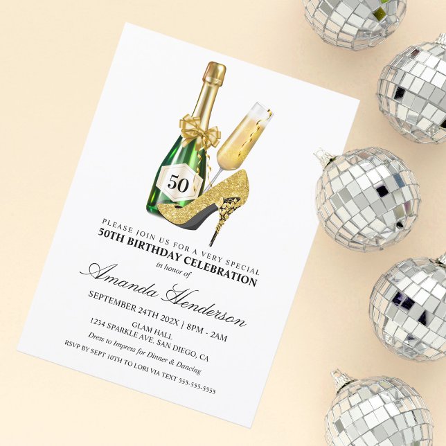 Invitación Cumpleaños de mujer con tacones de oro y champán (Subido por el creador)