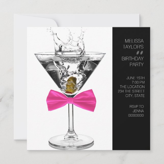 Invitación Cumpleaños de mujer copa de Martini cualquier núme (Anverso)