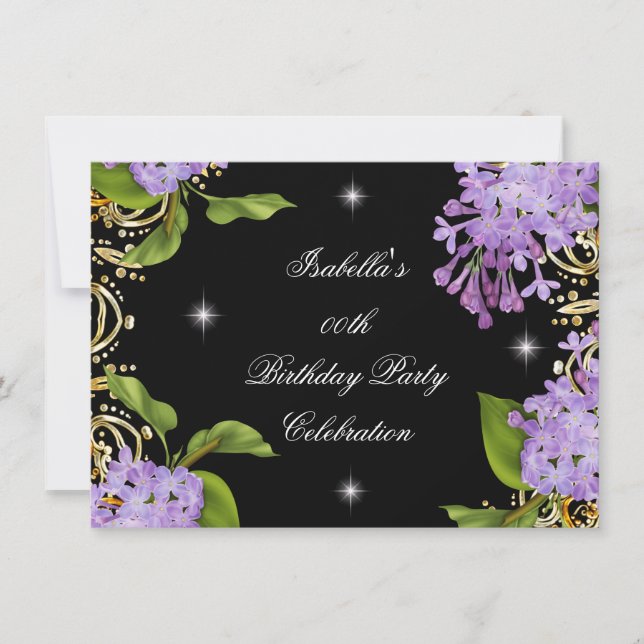 Invitación Cumpleaños de mujer de élite de oro negro lila flo (Anverso)