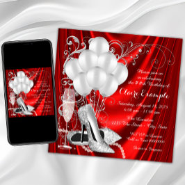 Invitación Cumpleaños de mujer de lujo rojo y plata