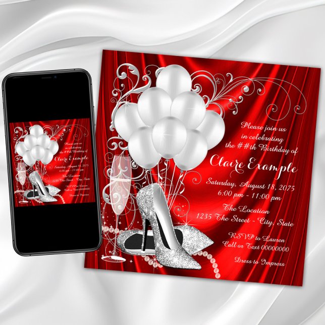 Invitación Cumpleaños de mujer de lujo rojo y plata (Womans red and silver birthday party invitation with pretty silver high heel shoes, pearls. Any #.)