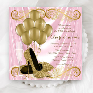 Invitación Cumpleaños de mujer en rosa y dorado Glamour Satén