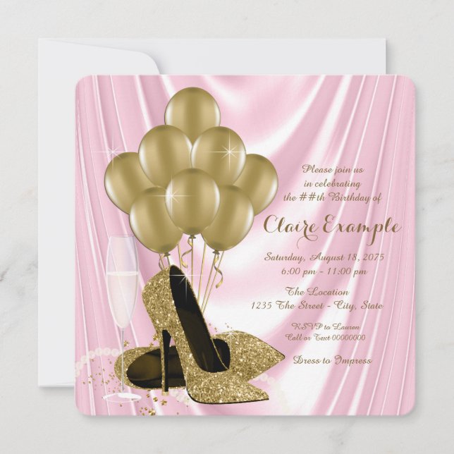 Invitación Cumpleaños de mujer en seda rosa y dorado (Anverso)