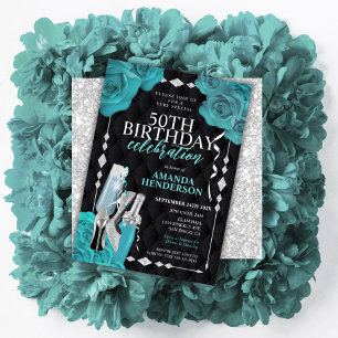 Invitación Cumpleaños de mujer en verde azulado y plata