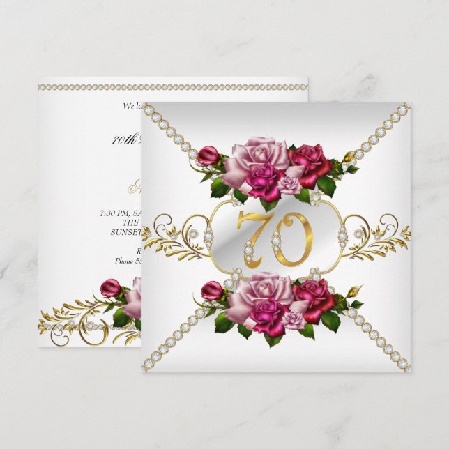Invitación Cumpleaños de mujer número 70 Rosas rosadas oro bl (Anverso / Reverso)