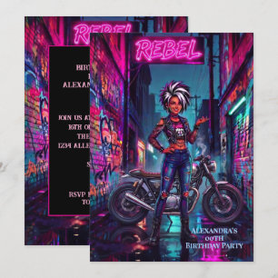 Invitación Cumpleaños de Mujer Rebelde Grafiti Moto Callejón