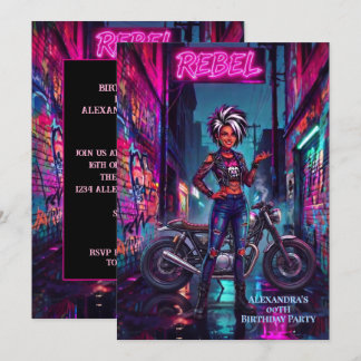 Invitación Cumpleaños de Mujer Rebelde Grafiti Moto Callejón