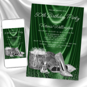 Invitación Cumpleaños de mujer zapato verde plateado cualquie