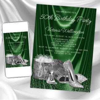Invitación Cumpleaños de mujer zapato verde plateado cualquie