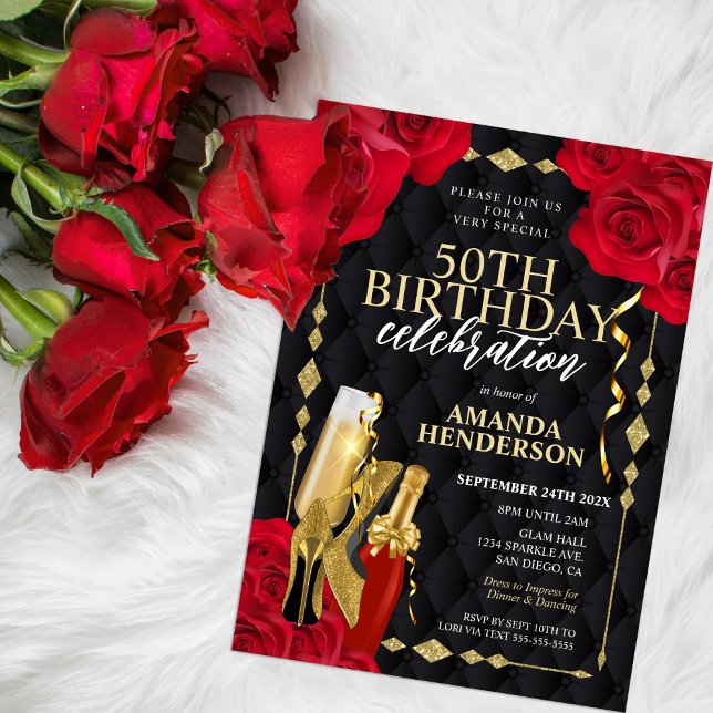 Invitación Cumpleaños de Mujeres Rojo y Dorado (Subido por el creador)