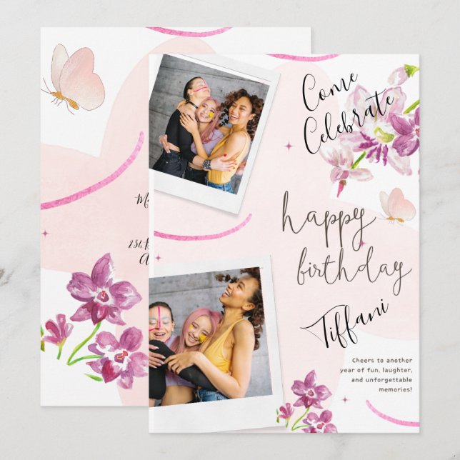 Invitación Cumpleaños de mujeres rosa  (Anverso / Reverso)