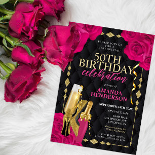 Invitación Cumpleaños de mujeres rosa y dorado