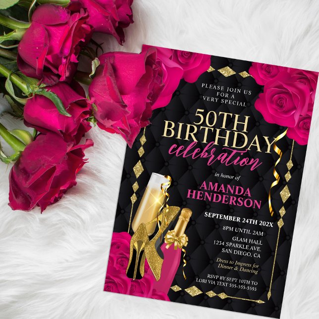 Invitación Cumpleaños de mujeres rosa y dorado (Subido por el creador)