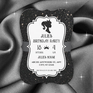 Invitación Cumpleaños de muñeca con brillo glitter negro eleg