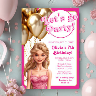 Invitación Cumpleaños de muñeca de moda en oro rosa