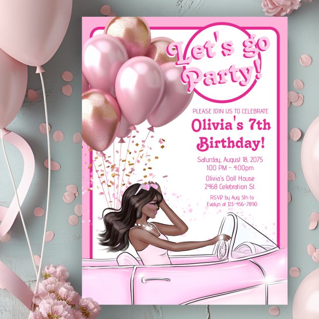 Invitación Cumpleaños de muñeca de moda melanina de coche ros (Cute pink doll in car any number birthday party invitation. Simply add your event details.)