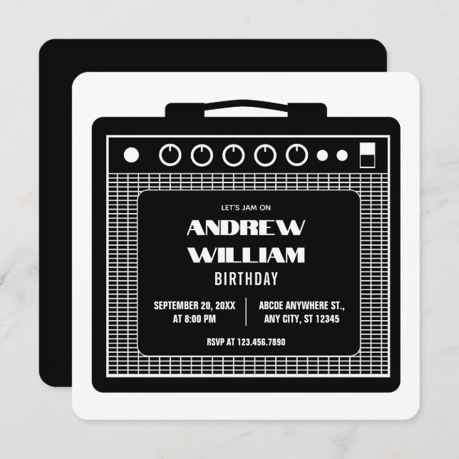 Invitación cumpleaños de música de altavoz amplificador (Anverso / Reverso)