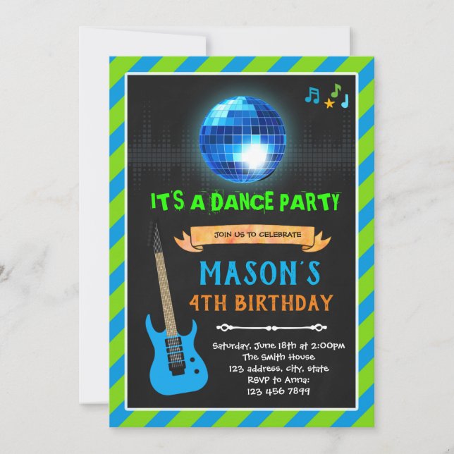 Invitación cumpleaños de música de danza verde limón y marina (Anverso)