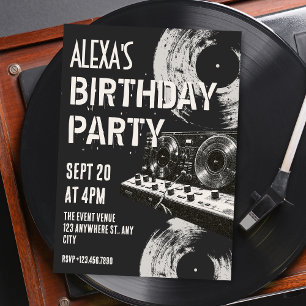 Invitación Cumpleaños de música retro en blanco y negro