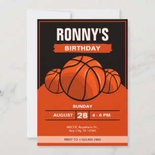 Invitación cumpleaños de naranja negro icónico de baloncesto