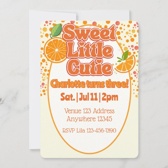 Invitación Cumpleaños de Naranja Pequeña y Dulce (Anverso)