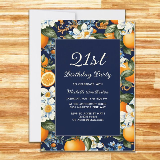 Invitación Cumpleaños de naranjas de cualquier edad flores bl (Oranges and white blooms on navy blue birthday party invitation for any age)