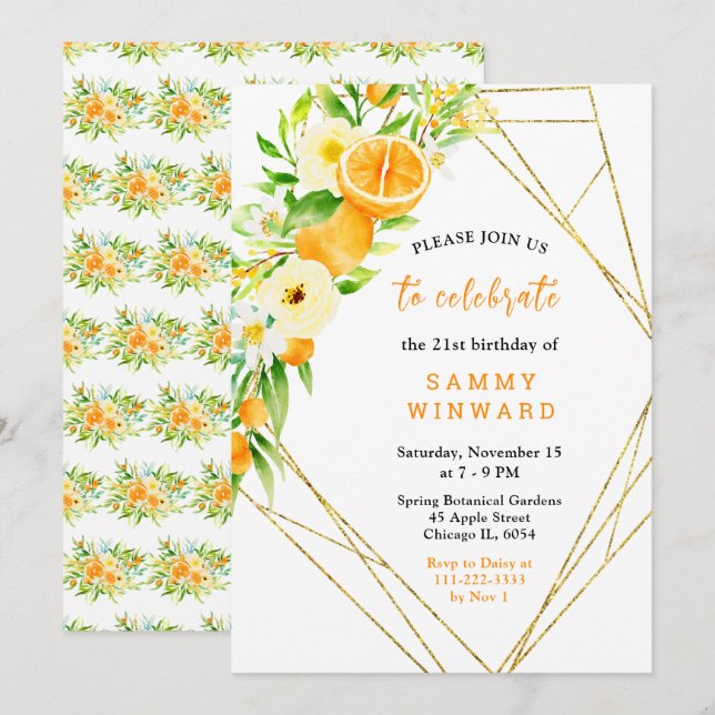 Invitación Cumpleaños de Naranjas y Flores (Anverso / Reverso)