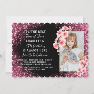 Invitación Cumpleaños de Navidad cuarto glitter rosa femenina