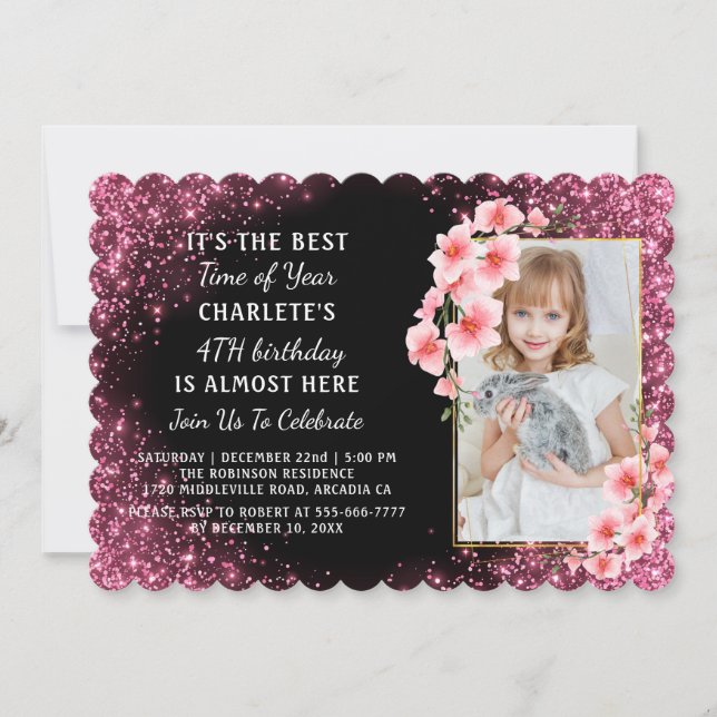 Invitación Cumpleaños de Navidad cuarto glitter rosa femenina (Anverso)