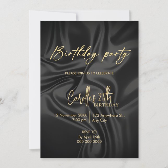 Invitación Cumpleaños de negro y dorado (Anverso)