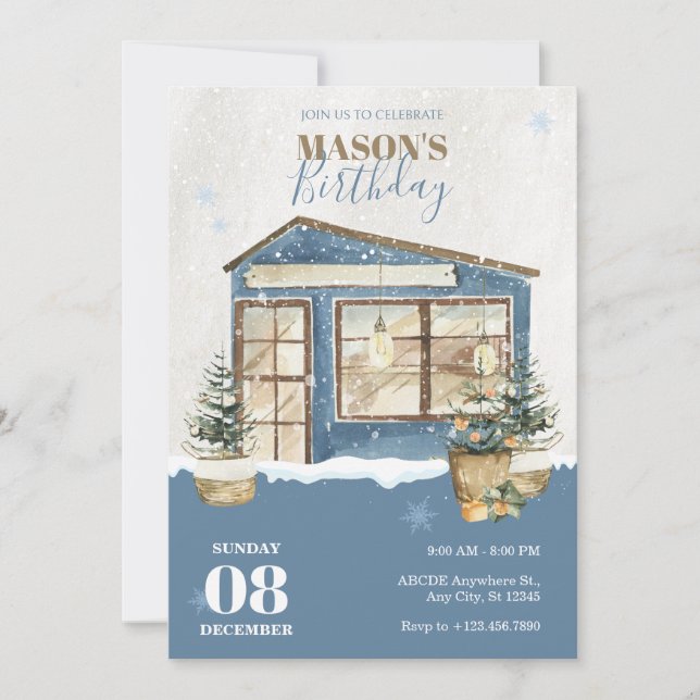Invitación cumpleaños de nieve en la casa de invierno (Anverso)