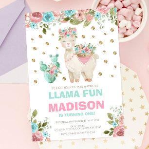 Invitación Cumpleaños de niña 1 año Whole Llama Fun Rosa Ment